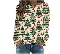 Chemises de Noël pour femme - Imprimé Père Noël - Col rond - Sans capuche - Pull français - Pull de Noël vintage, beige, L