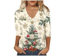 Chemises de Noël pour femme - Pull de Noël fantaisie à manches 3/4 - Col en V - Pull de Noël moche - T-shirt ample - T-shirt ample pour sortir - T-shirt fantaisie, 08#Multicolore, S