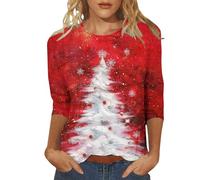 Chemises de Noël pour femmes à manches longues avec imprimé arbre de Noël pailleté et manches 3/4 - Pull à col rond - T-shirt décontracté pour femme, T-shirts rouges pour femmes, M