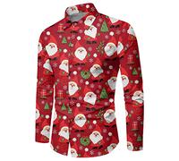 Chemises de Noël pour homme - Imprimé Père Noël moche - Chemise tendance boutonnée à manches longues - Col à revers - Confortable - Ample - Doux - À porter pour les fêtes de fin d'année, Rouge, XXL