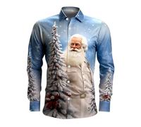 Chemises de Noël pour Hommes - Haut de Chemise À Manches Longues avec Bouton Imprimé Numérique du Père Noël en 3D Pours (Light Blue M)