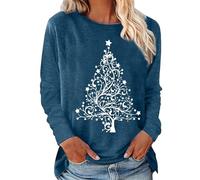 Chemises de Noël rétro pour femme - Étoile - Arbre de Noël - Lettres imprimées - Style décontracté - Col rond - Manches sept points - Tunique de sport pour intérieur et extérieur, bleu, XL