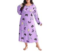 Chemises de nuit décontractées pour dames - Femmes grande taille ample - Manches longues - Imprimé papillon - Épaules tombantes - Longue robe de nuit - Chemise de nuit avec peignoir, violet, 5XL