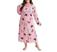 Chemises de nuit décontractées pour femmes - Grande coupe ample - Manches longues - Imprimé papillon - Épaules tombantes - Longue robe de nuit chemise de nuit avec peignoir, Rouge, 3XL