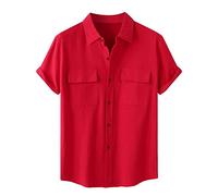 Chemises de nuit longues pour hommes d'été hawaïen chemise unie à manches courtes double poche col rabattable chemise boutonnée pour hommes barboteuse combinaison, Rouge, XL