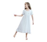 Chemises de nuit pour filles en coton doux à manches courtes Vêtements de nuit pleine longueur Chemise de nuit en dentelle pour enfants Chemise de nuit princesse à volants Blanc 110 5-6 ans