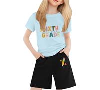 Chemises de professeur pour femme, premier jour d'école, imprimé lettres, manches courtes, col rond, tenue de rentrée scolaire, manches 13, bleu clair, 12-13 ans