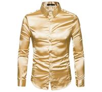Chemises de Ville pour Hommes, Chemises Manches Longues en Satin Brillant, Chemise ajustées Boutons avec Texture Lisse et Anti-Rides Blouses décontractées col Debout uni pour des Tenues Danse Disco