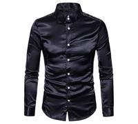Chemises de Ville pour Hommes, Chemises Manches Longues en Satin Brillant, Chemise ajustées Boutons avec Texture Lisse et Anti-Rides Blouses décontractées col Debout uni pour des Tenues Danse Disco