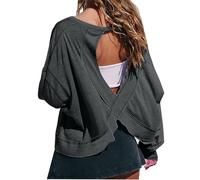 Chemises de yoga tendance de couleur unie à col rond ample et ajusté dos nu pour femme - T-shirt athlétique décontracté à manches longues pour l'extérieur, la gym, la course à pied, Noir , M