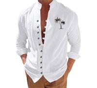 Chemises décontractées 2024 tendance pour homme - Hauts de Noël décontractés en coton et lin - Motif noix de coco - Avec bouton à revers debout - Manches longues - Cardigan à manches longues pour