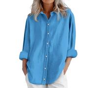 Chemises décontractées en lin à manches longues pour femme - Chemisiers décontractés - Chemise ample en popeline pour femme, bleu, XL