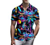 Chemises des années 80 pour homme - Tenue vintage amusante des années 90 pour homme - Chemises hawaïennes boutonnées - Chemise de plage pour homme - Vêtements des années 80, Neon Hawaï, Taille L