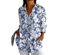 Chemises d'été à manches longues en lin pour femme 2026 - Col petit ami - Boutonné - Grande taille - Tunique tendance - Coupe ample - Col petit ami - Légères et décontractées, bleu, L