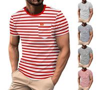 Chemises d'été à Rayures pour Hommes, t-Shirts à Manches Courtes avec Poche, t-Shirts Basiques Classiques, Tendance, col Rond, Hauts 2025, Chemises rayées Rouges pour Hommes, L