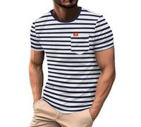 Chemises d'été à Rayures pour Hommes, t-Shirts à Manches Courtes avec Poche, t-Shirts Basiques Classiques, Tendance, col Rond, Hauts 2025, Chemises rayées Bleu Marine pour Homme, 3XL