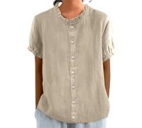 Chemises d'été en Coton et Lin for Femmes col Ras du Cou à Volants boutonnées Manches 3/4 Grande Taille Amples Confortables et Mignonnes(Beige,S)