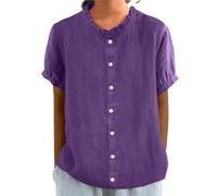 Chemises d'été en Coton et Lin for Femmes col Ras du Cou à Volants boutonnées Manches 3/4 Grande Taille Amples Confortables et Mignonnes(Purple,XL)