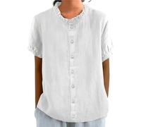 Chemises d'été en Coton et Lin for Femmes col Ras du Cou à Volants boutonnées Manches 3/4 Grande Taille Amples Confortables et Mignonnes(White,S)