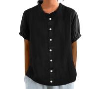 Chemises d'été en Coton et Lin for Femmes col Ras du Cou à Volants boutonnées Manches 3/4 Grande Taille Amples Confortables et Mignonnes(Black,M)