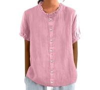 Chemises d'été en Coton et Lin for Femmes col Ras du Cou à Volants boutonnées Manches 3/4 Grande Taille Amples Confortables et Mignonnes(Pink,L)