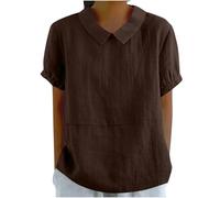 Chemises d'été en coton et lin pour femme, chemisiers habillés et décontractés, couleur unie, tunique à manches courtes, coupe ample, nuisette fluide, tendance, jolis t-shirts, A005 Marron, M