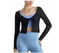 Chemises d'été pour femme - Couleur unie - Col rond - Hauts fins - Décontracté - Manches longues - Nœud torsadé - T-shirts amples - Soldes - Pour yoga, sport, fitness, Noir , L