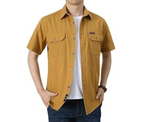 Chemises d'été pour homme - Chemise boutonnée avec poches - Coupe droite - Chemisier décontracté en coton à manches courtes - Style militaire - Camouflage - Haut rétro - Chemisier de travail, jaune