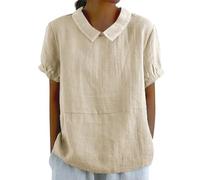 Chemises d'été surdimensionnées en coton et lin pour femme, col à revers et imprimé floral, boutonnées, décontractées, tendance, beige, M