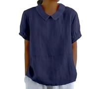 Chemises d'été surdimensionnées en coton et lin pour femme, col à revers et imprimé floral, boutonnées, décontractées, tendance, bleu marine, S