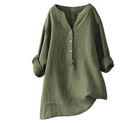 Chemises d'été surdimensionnées en coton et lin pour femme - Couleur unie - Gaze froissée - Col montant - Manches 3/4 - Style décontracté - Jupe asymétrique brodée - Mignon, Vert, 3XL