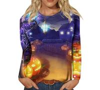 Chemises d'Halloween pour femme - T-shirts effrayants en forme de citrouille - Imprimé château du diable fantôme - Hauts amusants d'Halloween - Chemisier à manches longues - Vêtements de festival