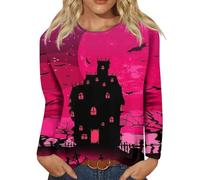 Chemises d'Halloween pour femme - T-shirts effrayants en forme de citrouille - Imprimé château du diable fantôme - Hauts amusants d'Halloween - Chemisier à manches longues - Vêtements de festival