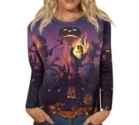 Chemises d'Halloween pour femme - T-shirts effrayants en forme de citrouille - Imprimé château du diable fantôme - Hauts amusants d'Halloween - Chemisier à manches longues - Tenues de festival