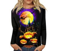 Chemises d'Halloween pour femme - T-shirts effrayants en forme de citrouille - Imprimé château du diable fantôme - Hauts amusants d'Halloween - Chemisier à manches longues - Tenues de festival