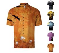 Chemises d'Halloween pour homme à manches courtes boutonnées en lin avec col montant - Chemise de costume effrayante - Hauts de fête à thème effrayant, Chemises d'Halloween bleues pour hommes, 3XL