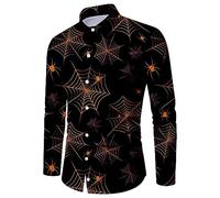 Chemises d'Halloween pour homme avec imprimé toile d'araignée, chauve-souris, manches longues, chemise boutonnée, t-shirt à thème effrayant, Chemises d'Halloween noires pour hommes, 3XL