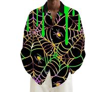 Chemises d'Halloween pour homme avec imprimé toile d'araignée - Manches longues - Costumes effrayants hawaïens - Hauts boutonnés décontractés, Chemises d'Halloween vertes pour hommes, 3XL