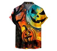 Chemises d'Halloween pour homme Jack-O-Lantern Candy T-shirt Demon à thème effrayant Costumes à manches courtes boutonnés, Chemises Halloween Orange pour Homme, XXL