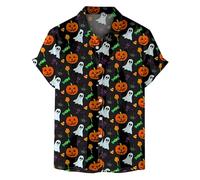 Chemises d'Halloween pour homme Jack-O-Lantern Candy T-shirt Demon à thème effrayant Costumes à manches courtes boutonnés, Chemises d'Halloween noires pour hommes, XL