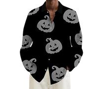 Chemises d'Halloween pour homme Jack O Lantern Chemise citrouilles Visage Costumes à manches longues T-shirts hawaïens boutonnés, Chemises d'Halloween grises pour hommes, 5XL