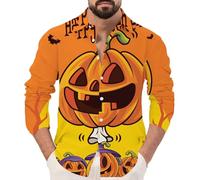 Chemises d'Halloween pour homme Jack O' Lantern Costumes Citrouilles Visage Lettre Imprimée Chemise Manches Longues Boutons, Chemises d'Halloween jaunes pour hommes, 3XL