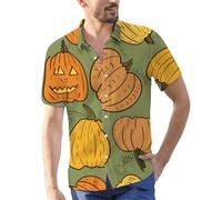 Chemises d'Halloween pour homme Jack O'Lantern Costumes à manches courtes avec imprimé visage de citrouilles T-shirt boutonné, Green2 Chemises d'Halloween pour homme, XL