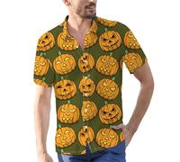 Chemises d'Halloween pour homme Jack O'Lantern Costumes à manches courtes avec imprimé visage de citrouilles T-shirt boutonné, Green1 Chemises d'Halloween pour homme, XXL