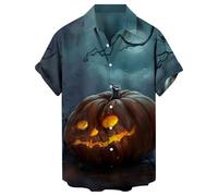 Chemises d'Halloween pour homme Jack O'Lantern Costumes T-shirt 2025 Dark Night Motif Chemise à manches courtes boutonnée, Chemises d'Halloween bleues pour hommes, 5XL