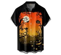 Chemises d'Halloween pour homme motif nuit sombre imprimé Jack O'Lantern Costumes T-shirts à manches courtes boutonnés, Chemises d'Halloween noires pour hommes, 3XL