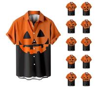Chemises d'Halloween pour hommes à manches courtes boutonnées 2025 avec imprimé tête de mort citrouille hauts t-shirts d'horreur décontractés, Orange3 Chemises d'Halloween pour homme, 3XL