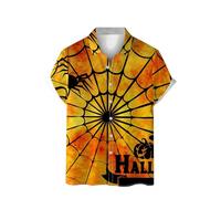 Chemises d'Halloween pour hommes à thème effrayant, T-shirts à motif toile d'araignée, chauves-souris, costumes imprimés, chemise à manches courtes, hauts boutonnés, Orange3 Chemises d'Halloween pour
