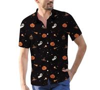 Chemises d'Halloween pour hommes Jack O'Lantern Ghost Shirt Cute Pumpkin Face T-shirt à manches courtes boutonné Costumes 2025, Chemises d'Halloween Black3 pour homme, L