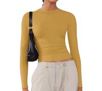 Chemises douces à manches longues et col rond pour femme, T-shirts basiques extensibles pour sortir, hauts courts Y2K coupe ajustée, Gingembre, Taille M